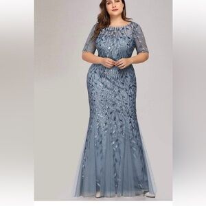 NWT Ivy | Floral Sequin Print Plus Size Mermaid Tulle Evening Dress - Dusty Blue